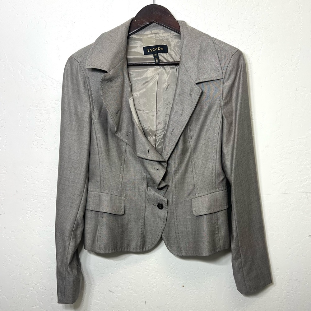 Escada Taupe Ruffle Blazer Jacket Wool Blend Size 38 Medium